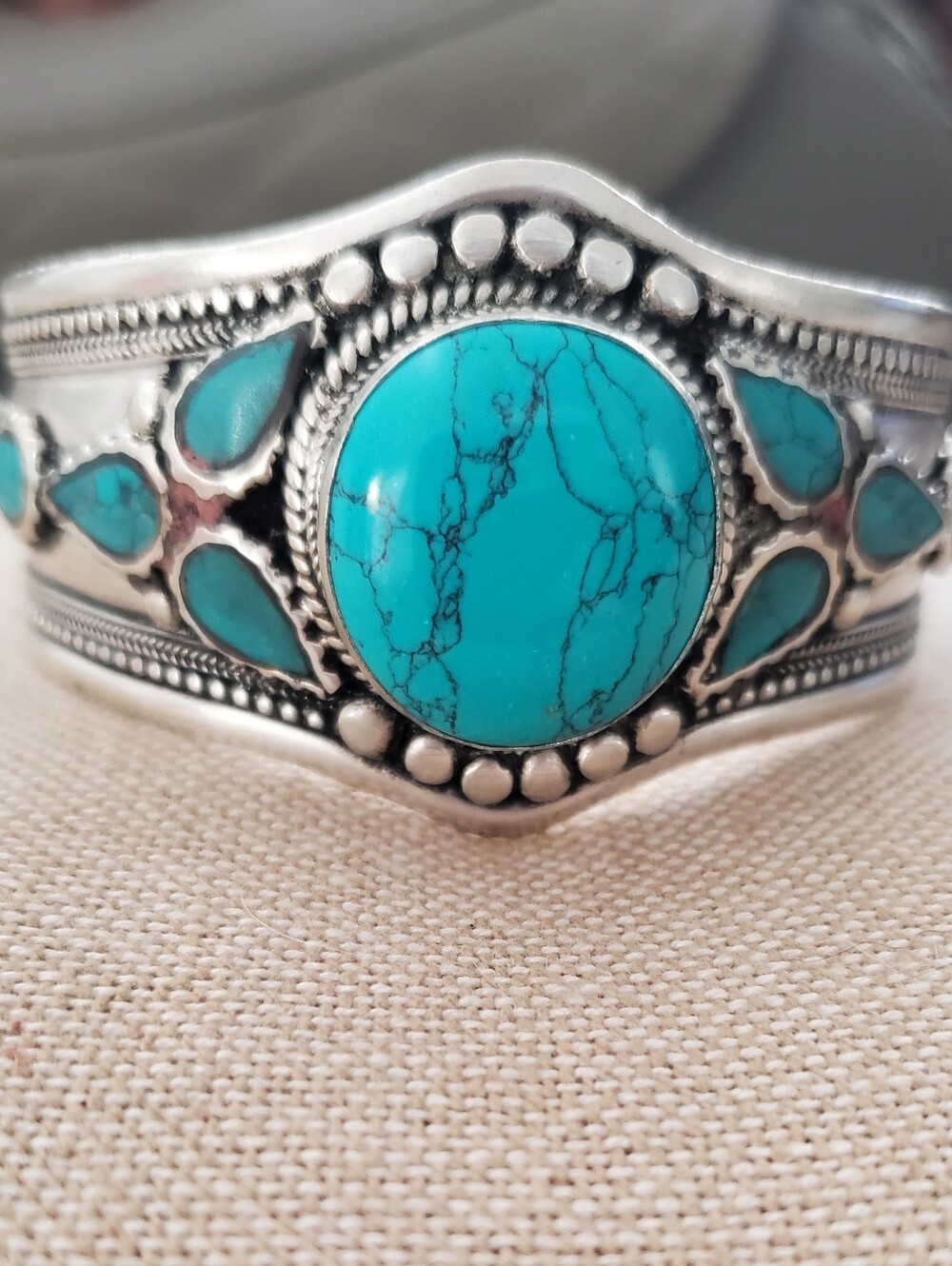 Boho German Silver Plated Turquoise Cuffed Bracelet